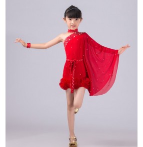 Red one shoulder sleeves butterfly girls kids children rhinestone school play modern dance  performance competition professional latin latin salsa cha cha dance dresses outfits